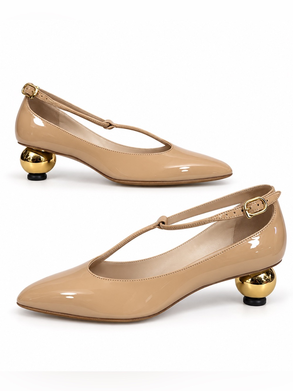 Salvatore Ferragamo Nude Patent Leather T-Strap Pump with Gold Orb Heel